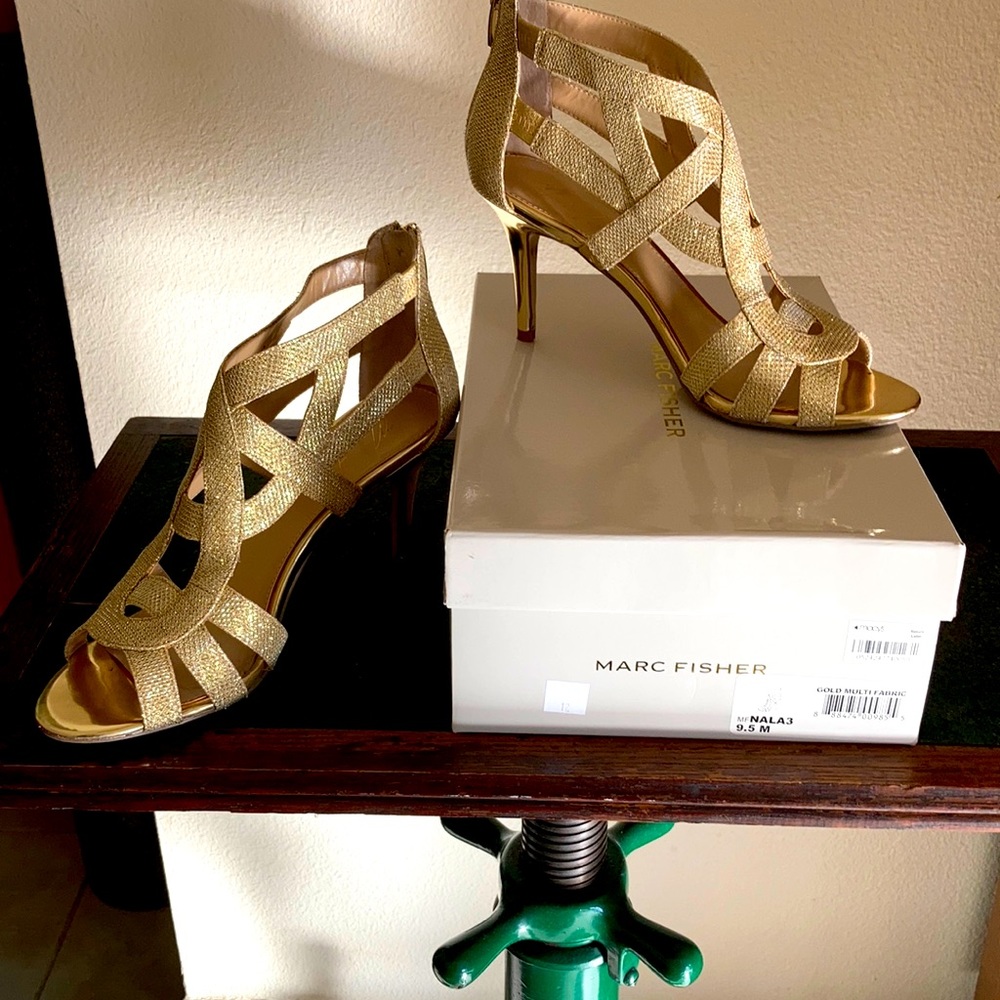 Marc Fisher gold evening sandals.